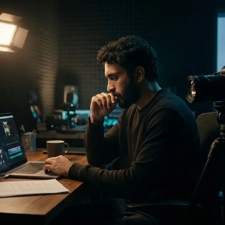 Abood editing at his studio desk