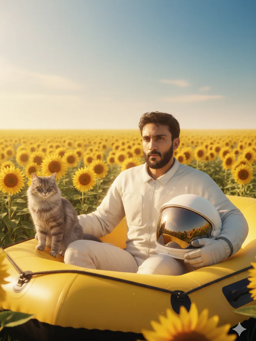AI astronaut in a sunflower field